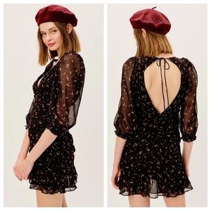 For Love & Lemons Juliana Roses Stars Ruffled Puff Sleeve Open Back Mini Dress